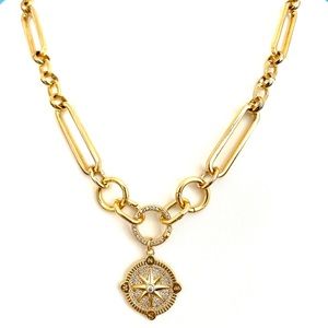 Gold Extended Paperclip Chain Necklace Charm Holder North Star Compass Medallion